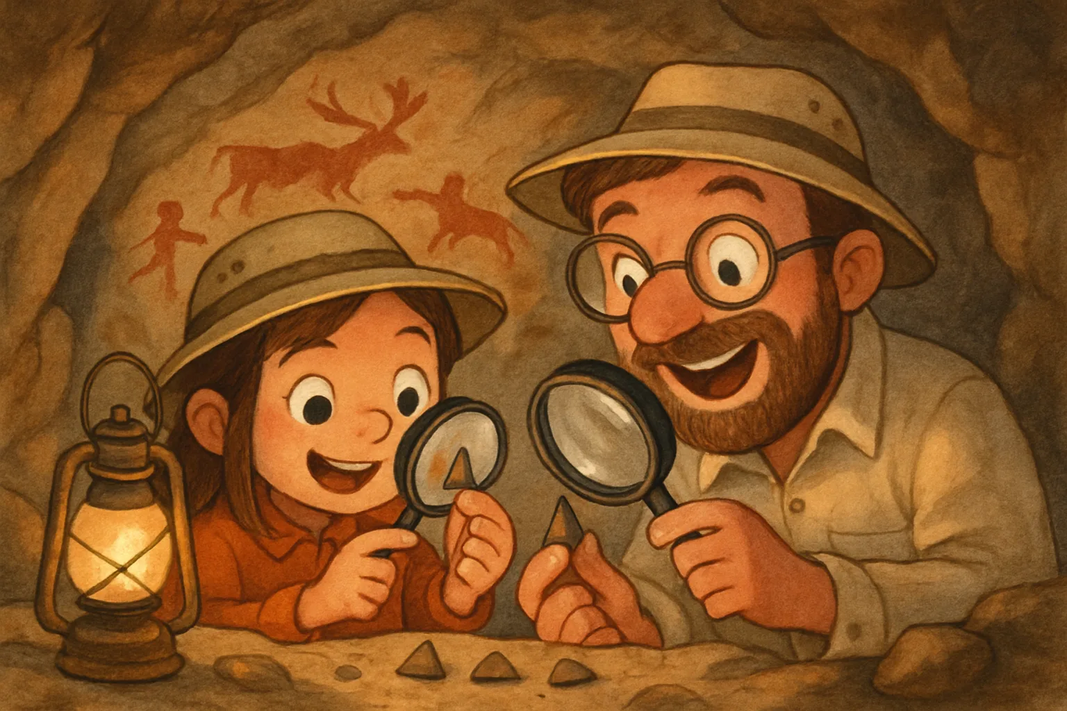 Two archaeologists studying tiny ancient stone arrowheads inside a rocky cave with a lantern