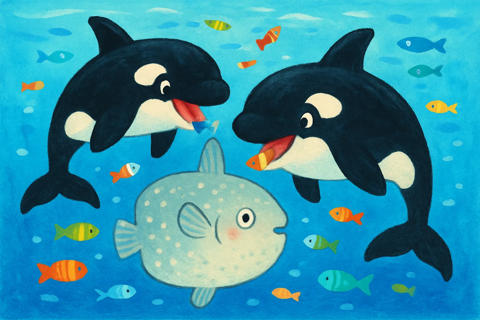 Two orca whales swimming together underwater near a large round sunfish in clear blue ocean water