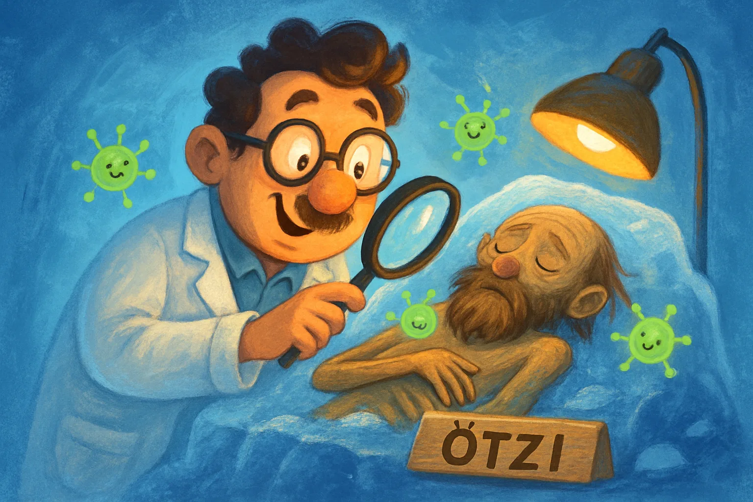 A scientist examines the ancient Ötzi the Iceman mummy, with tiny glowing microbes floating nearby