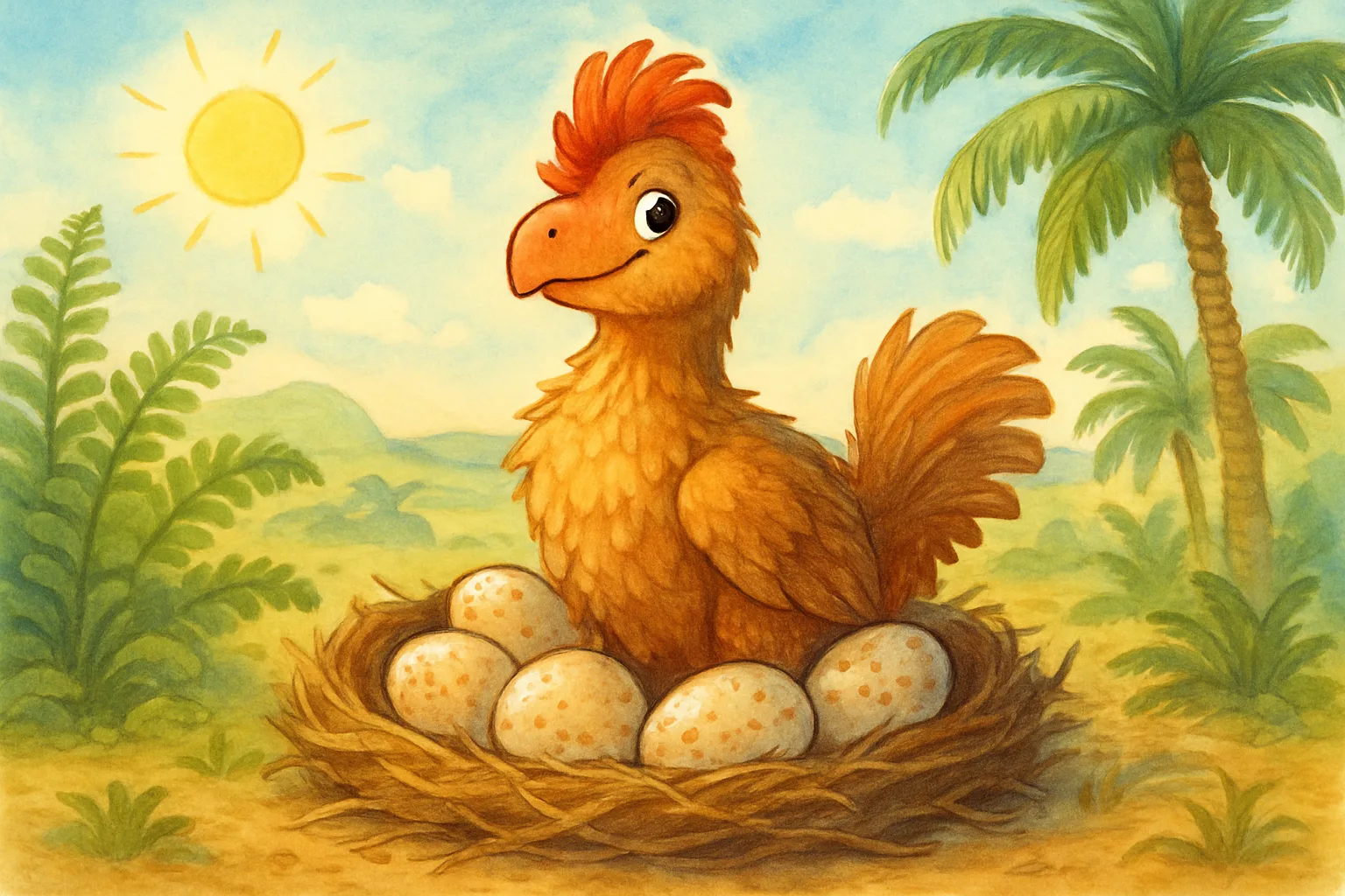 A feathered oviraptor dinosaur sitting on a circular nest of eggs in a prehistoric landscape