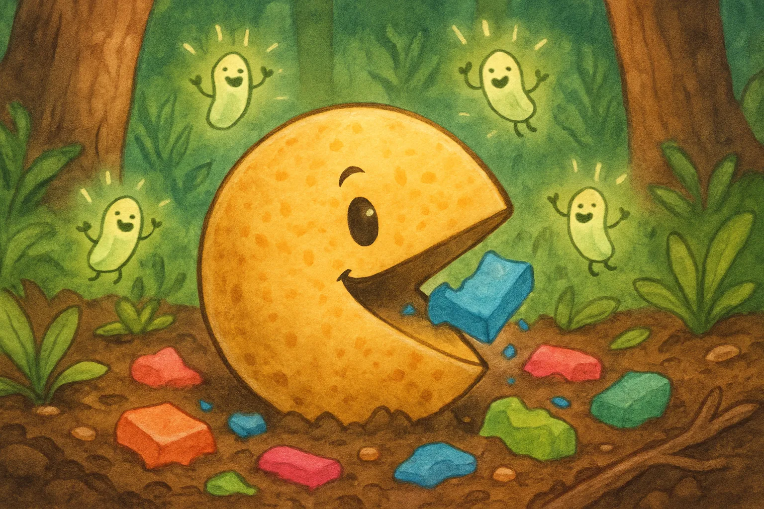 A cartoon Pac-Man-shaped molecule chomping through pieces of bioplastic in forest soil, surrounded by helpful bacteria
