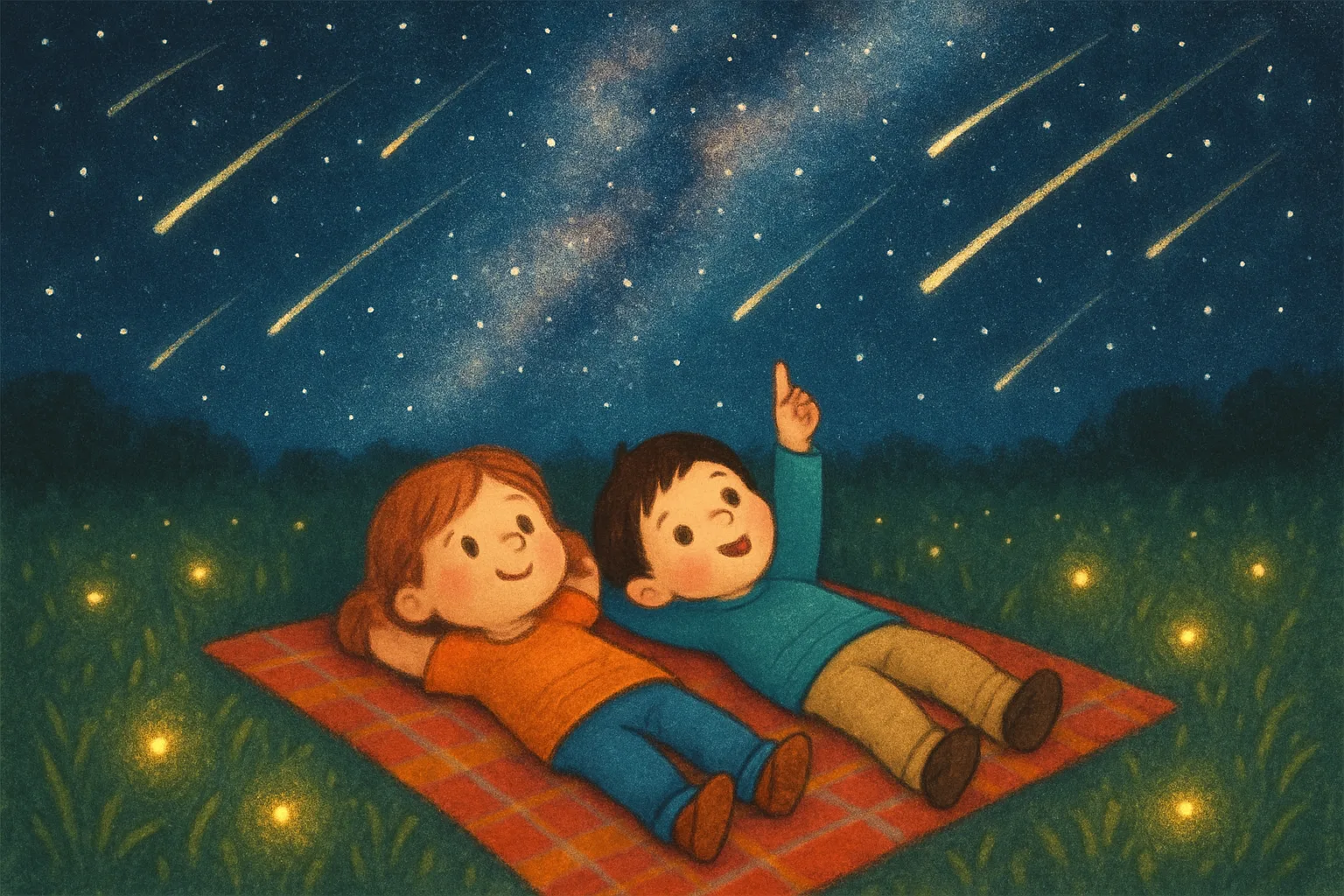 Two children lie on a blanket in a dark field watching bright meteor streaks across a starry night sky