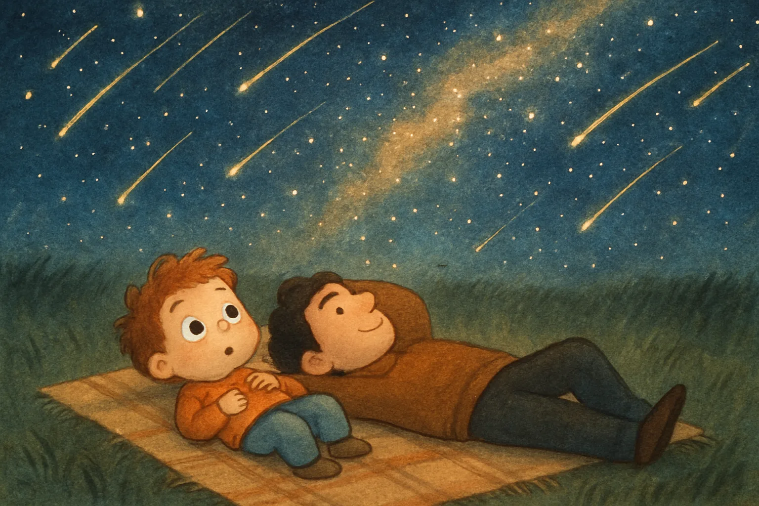 A child and parent lying on a blanket in a field watching dozens of bright shooting stars streak across the night sky
