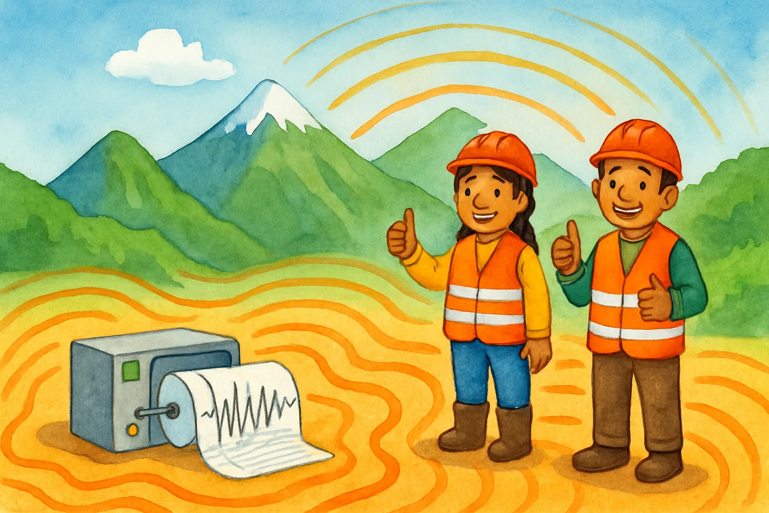 Cartoon of the Andes mountains shaking with rescue workers in orange vests giving thumbs up nearby