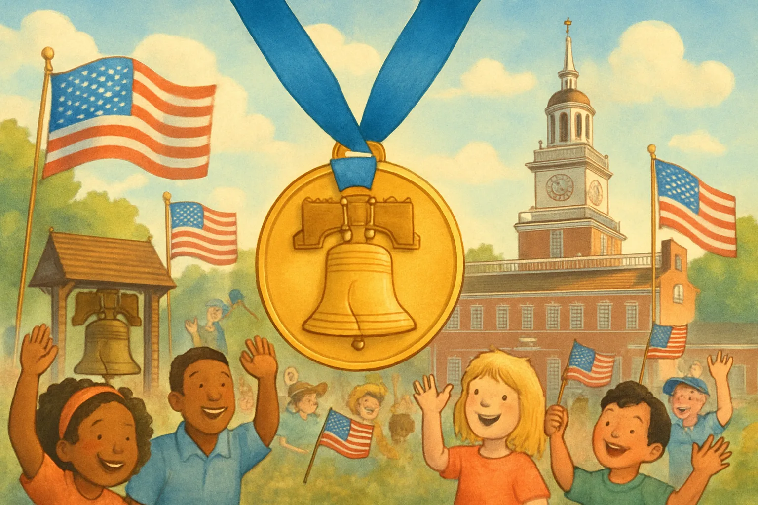 The Liberty Medal on display in front of Independence Hall in Philadelphia, surrounded by American flags on America's 250th birthday