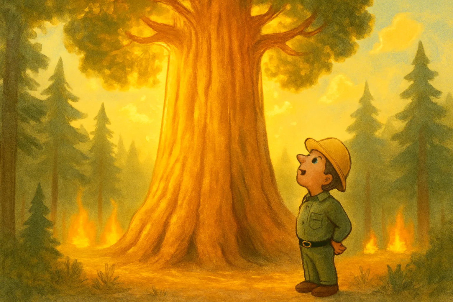 Illustrated giant sequoia tree towering over a forest ranger, with gentle controlled fire on the forest floor in the background
