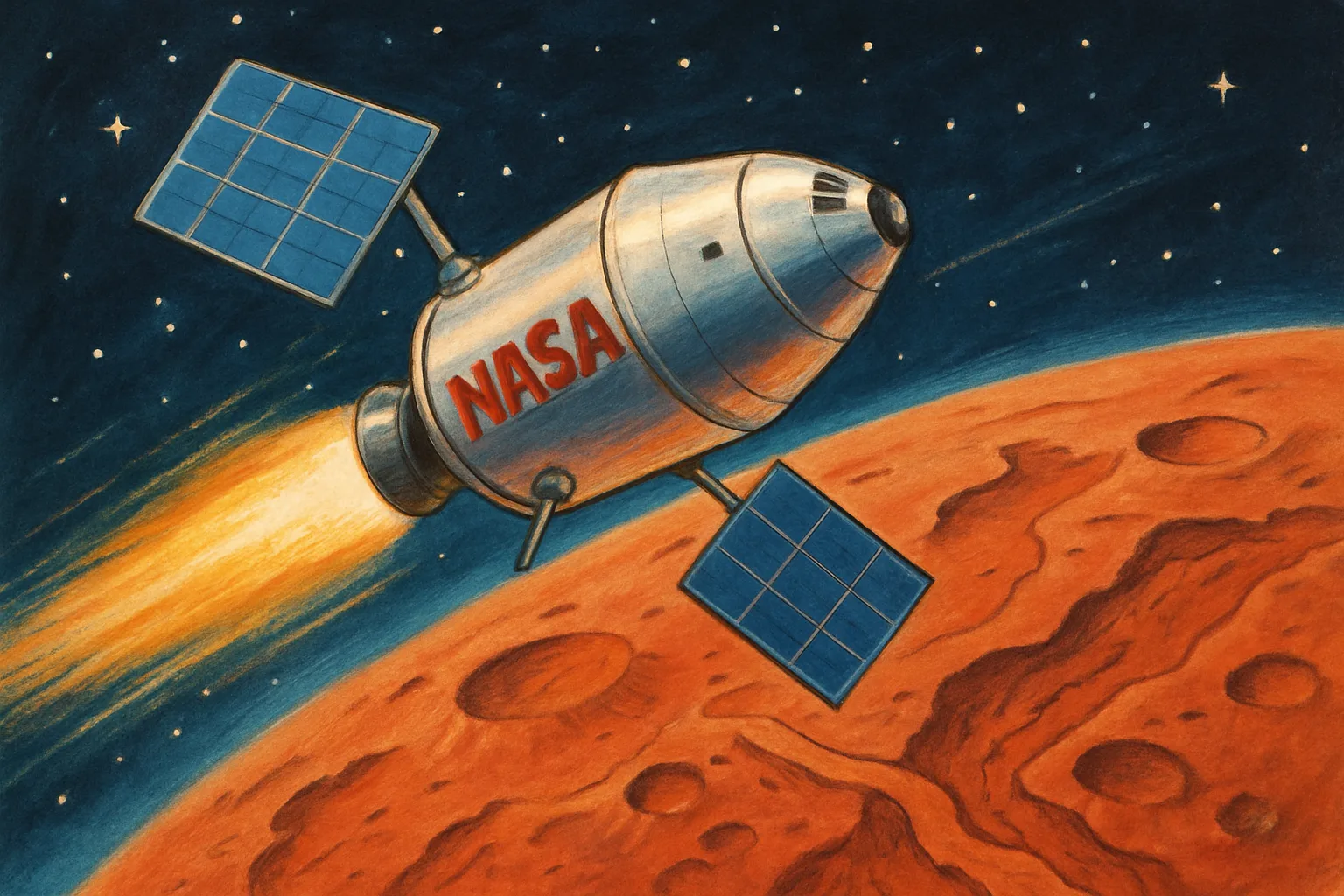 NASA's Psyche spacecraft flying past the red planet Mars with solar panels extended