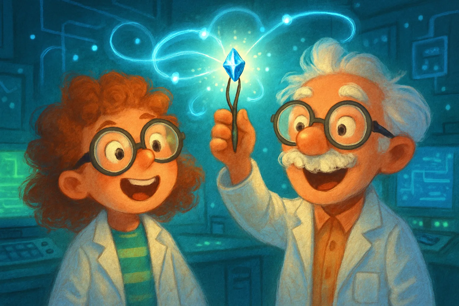 Scientists in a lab holding a tiny glowing crystal quantum material