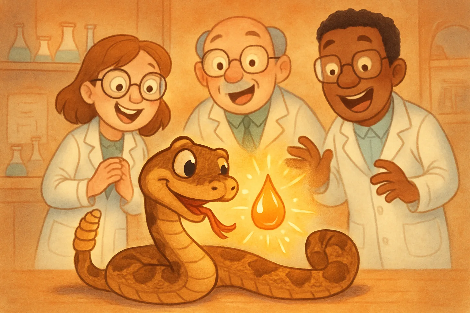 A friendly cartoon rattlesnake next to scientists in a bright laboratory, with a glowing discovery symbol