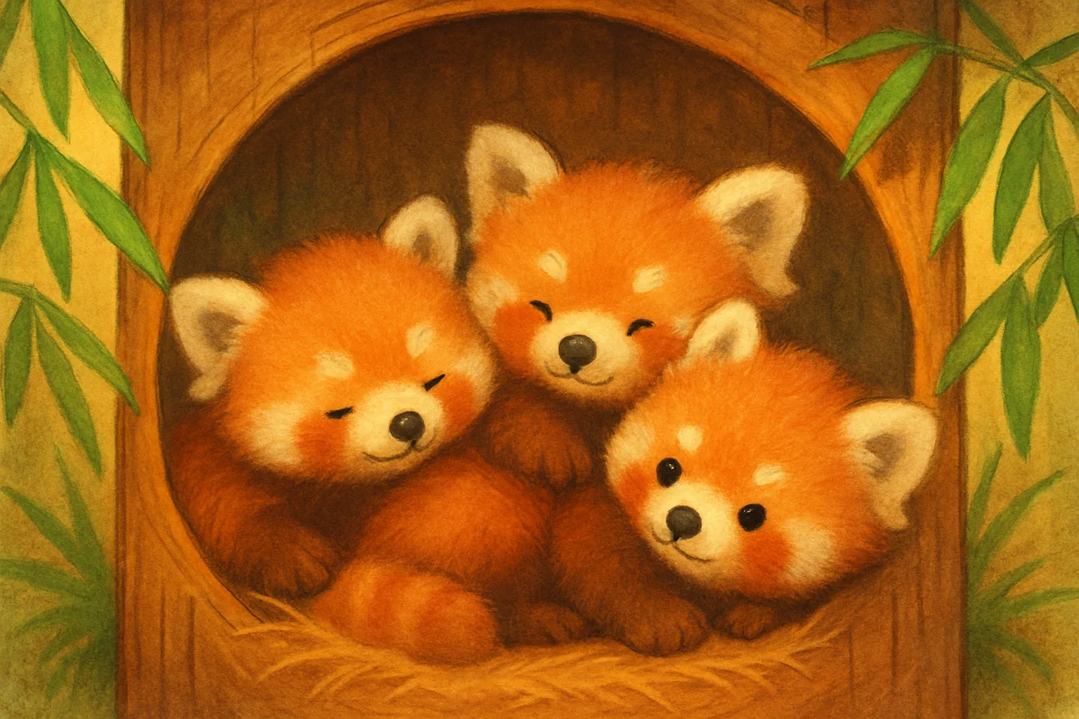 Illustration of three tiny red panda cubs curled up together in a nest box
