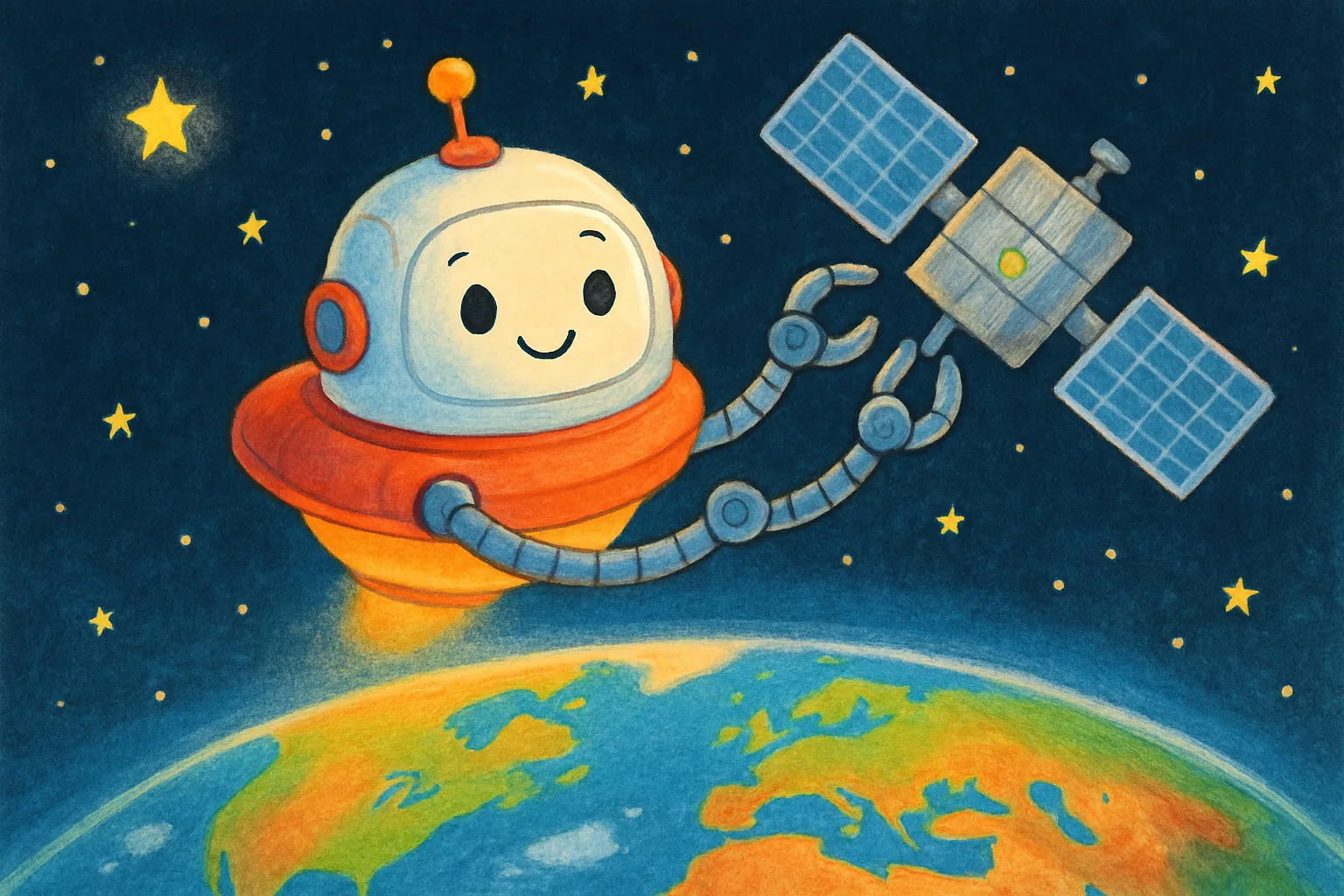 Cartoon of a friendly robot spacecraft with two arms fixing a satellite above the glowing Earth