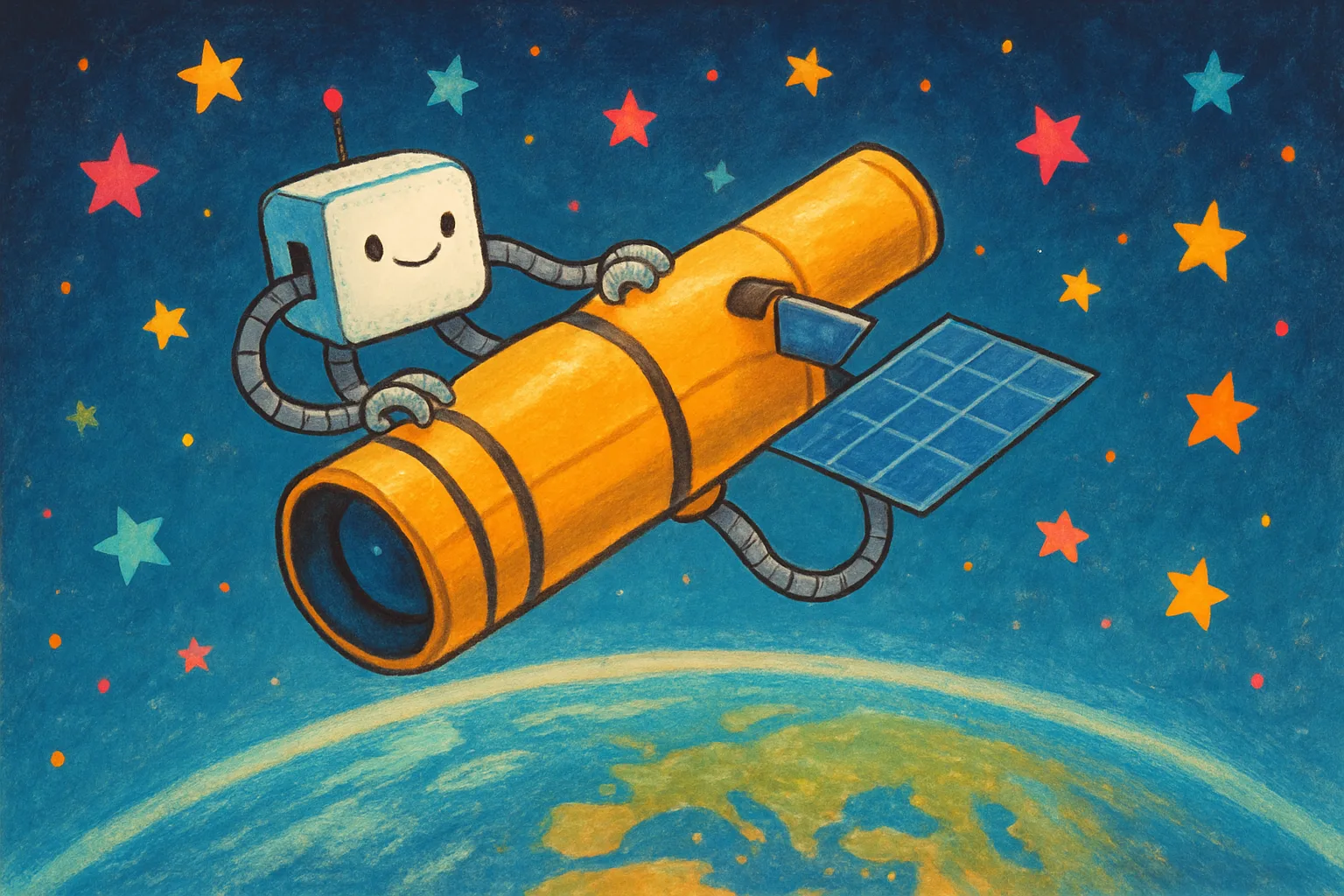 Illustration of a small robot spacecraft with three arms reaching toward a telescope orbiting above Earth