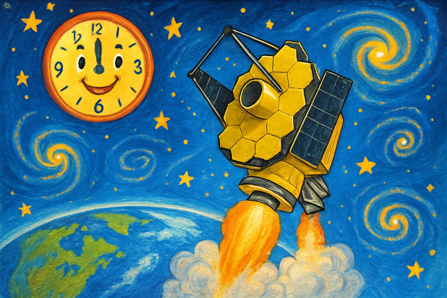 A golden space telescope launching on a rocket into a star-filled sky, with Earth glowing below and galaxies in the distance