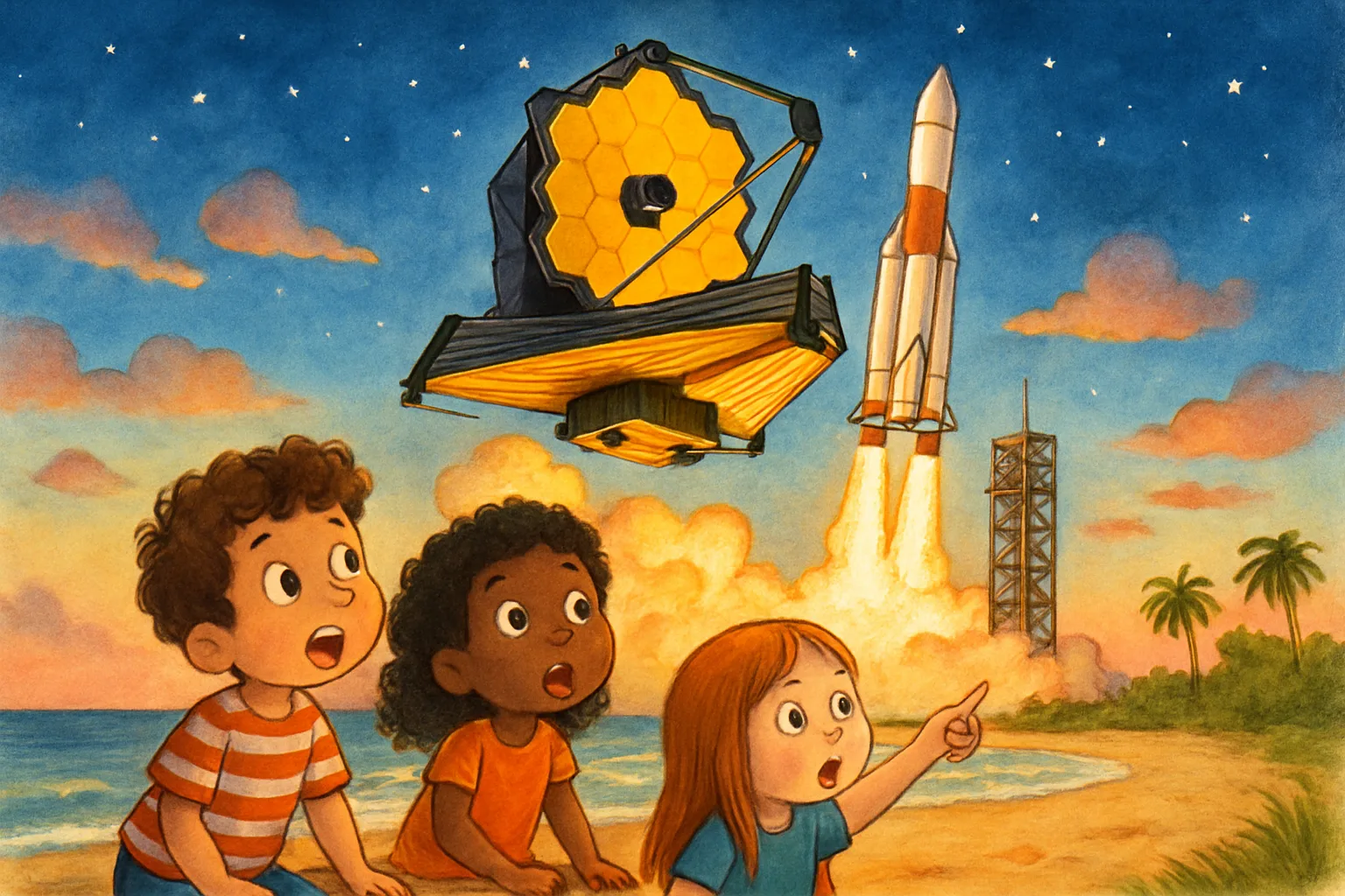 Illustrated NASA Roman Space Telescope launching on a Falcon Heavy rocket at sunrise