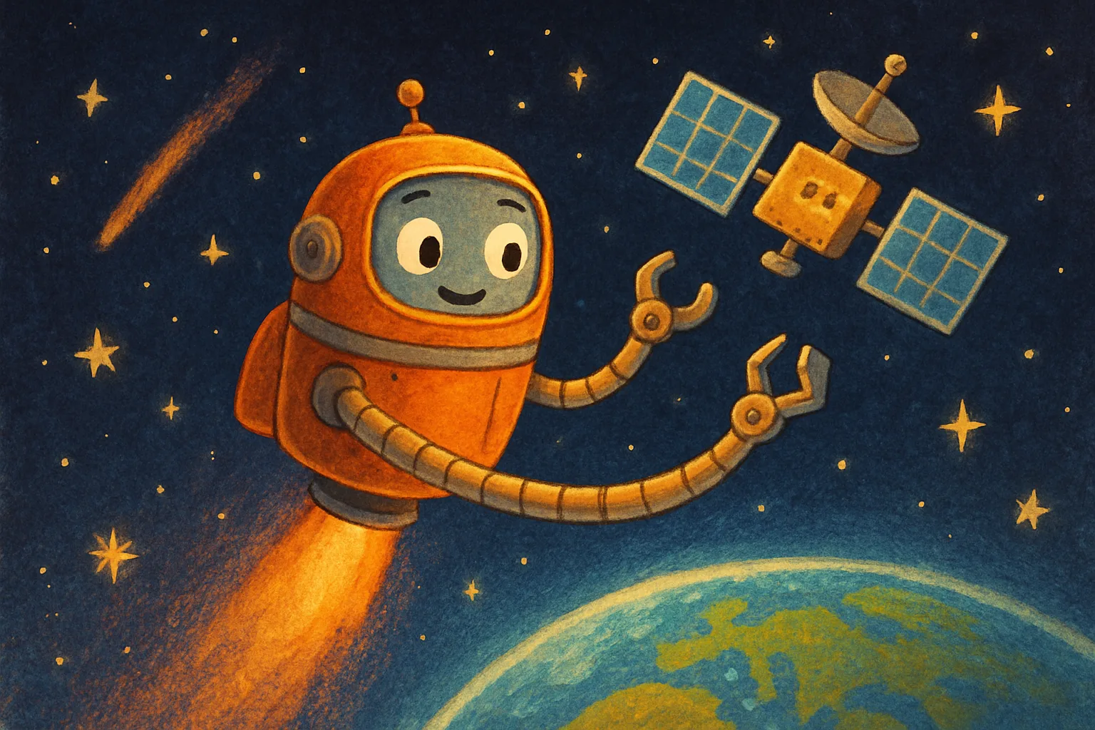 A friendly cartoon robot spacecraft with two long arms fixing a satellite high above the blue Earth