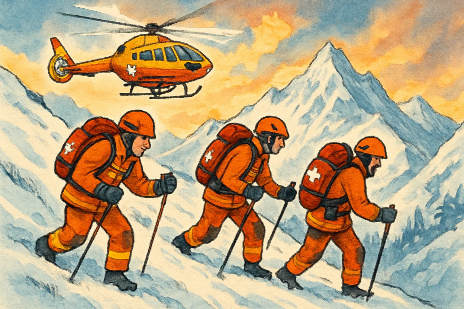 Mountain rescue workers in bright orange jackets search a snowy Caucasus mountain slope while a helicopter flies overhead