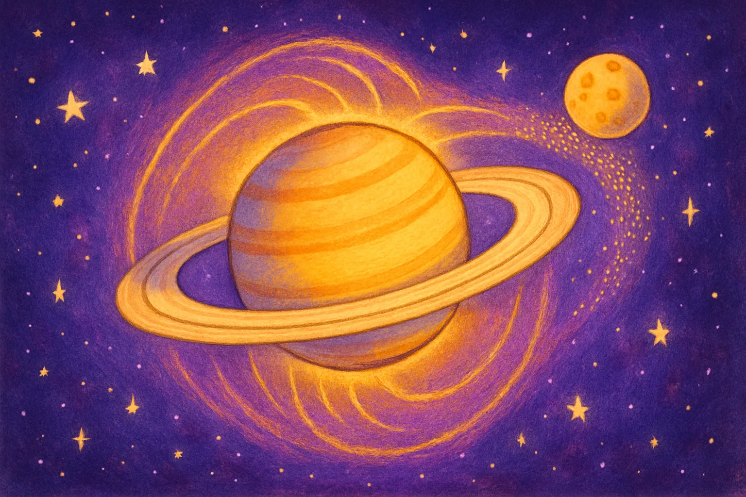 Illustration of Saturn surrounded by a glowing, lopsided magnetic shield with its moon Enceladus nearby
