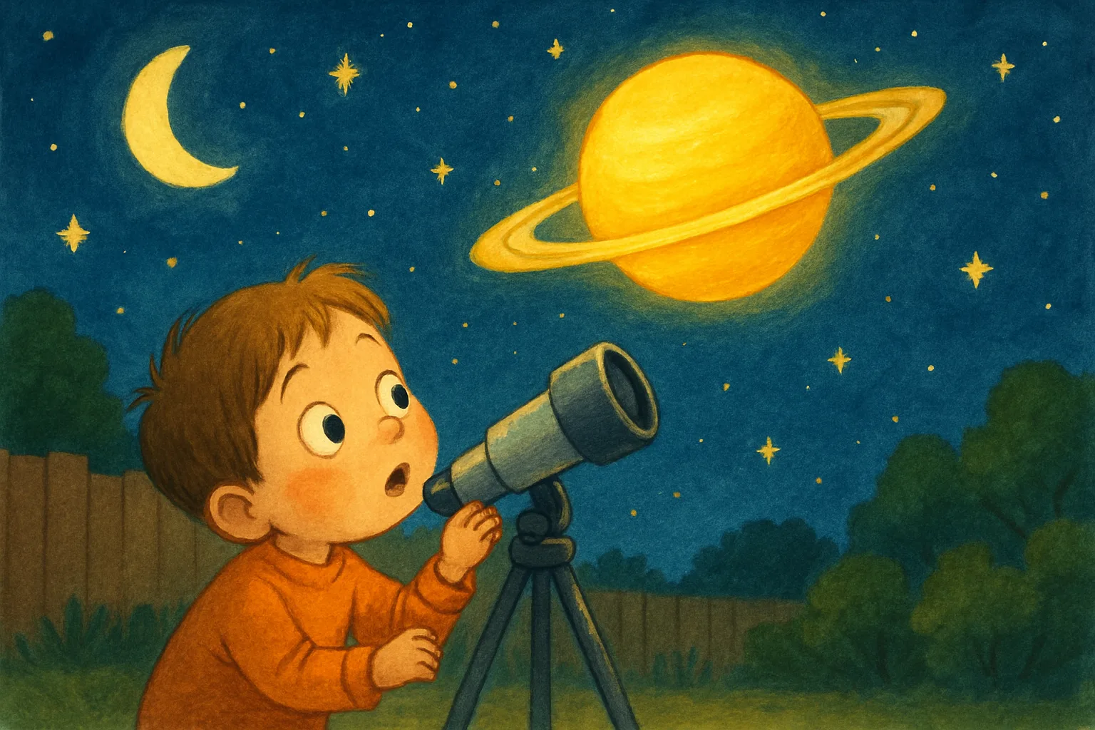 An illustrated child looking through a backyard telescope at a glowing Saturn with thin rings in a night sky