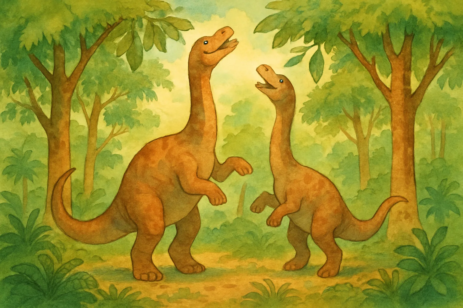 Two long-necked sauropod dinosaurs standing on their hind legs to reach the tops of tall prehistoric trees in a lush green forest