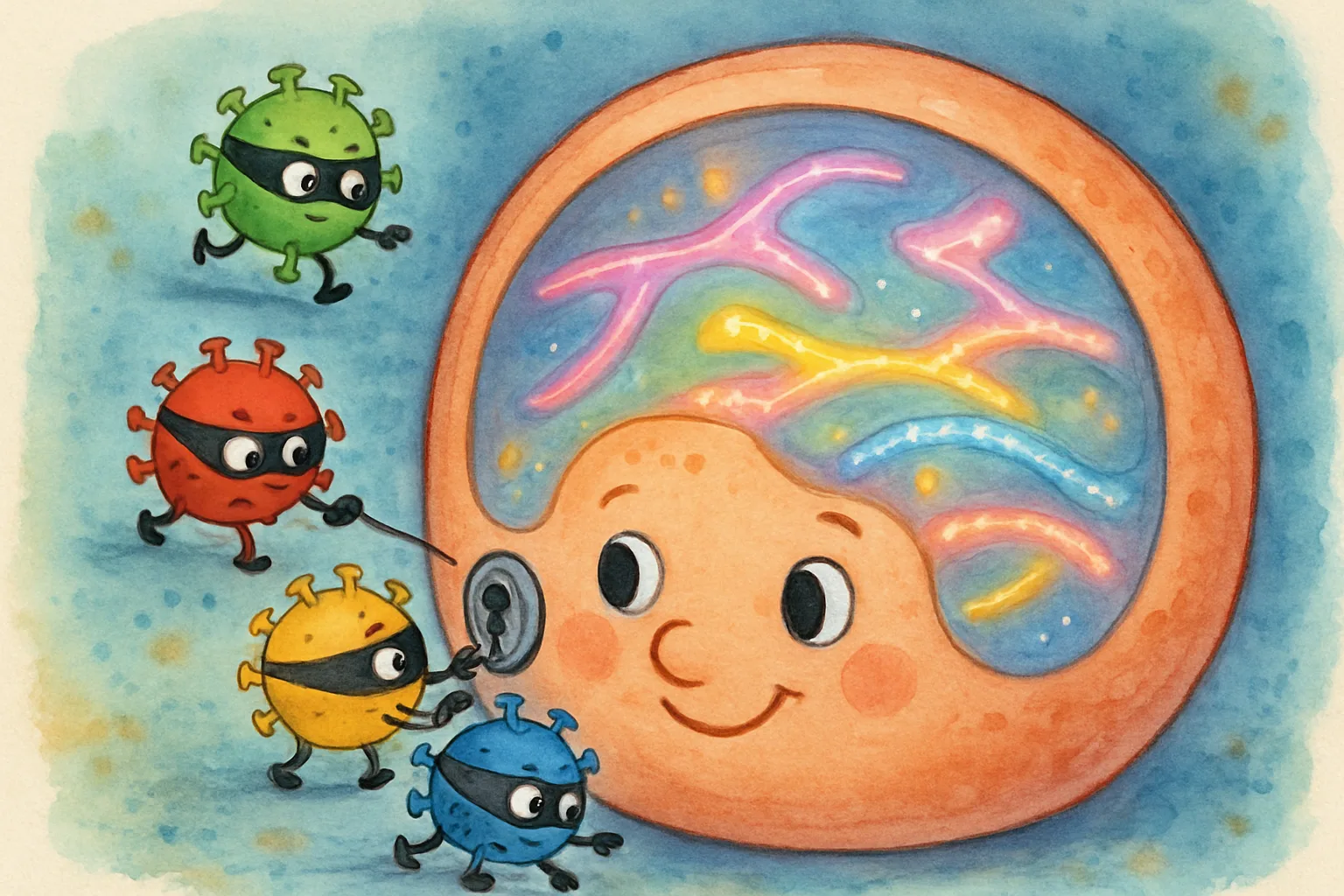 Cartoon of a small spiky virus sneaking into a big round cell, with colorful protein connections glowing inside