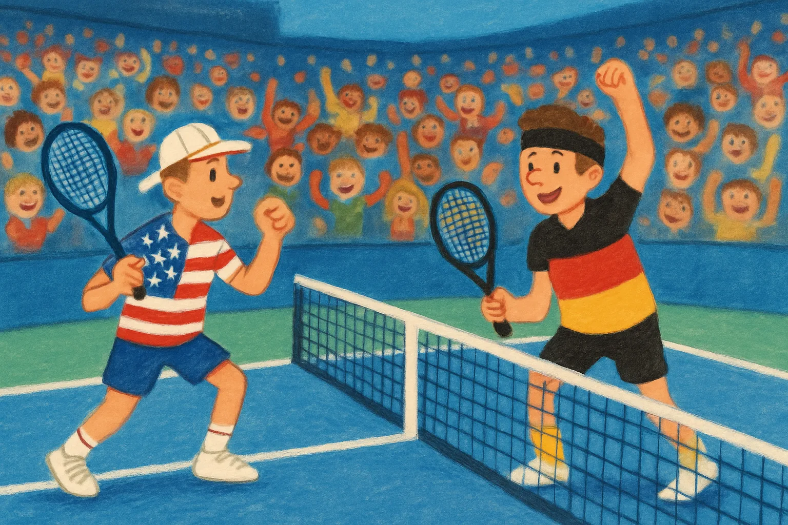 Two tennis players face off on a large tennis court with a packed stadium crowd behind them
