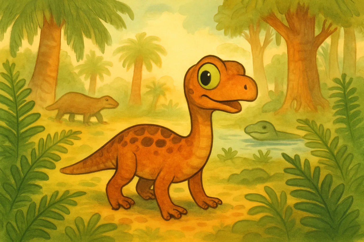 Artist's illustration of the ancient reptile Silescelida acristata in a lush prehistoric forest