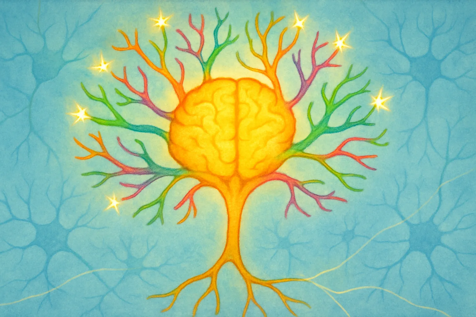 A glowing neuron shaped like a golden tree with many sparkling branches, representing the brain's computing power