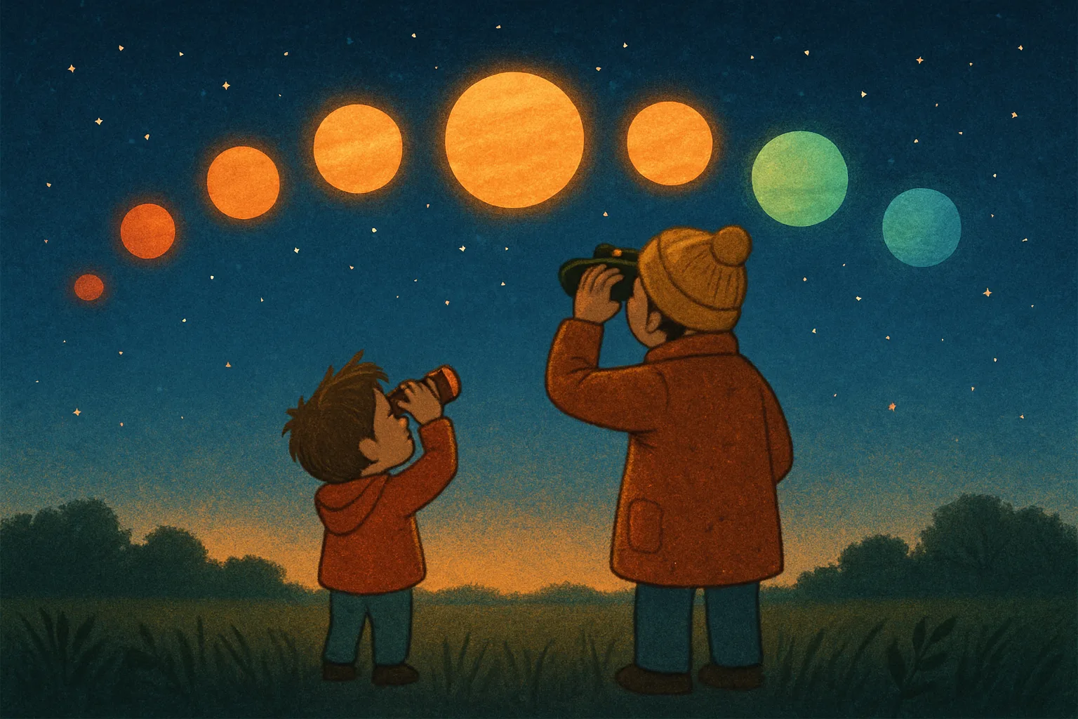 A child and parent looking up at a beautiful arc of six glowing planets in a deep blue pre-dawn sky