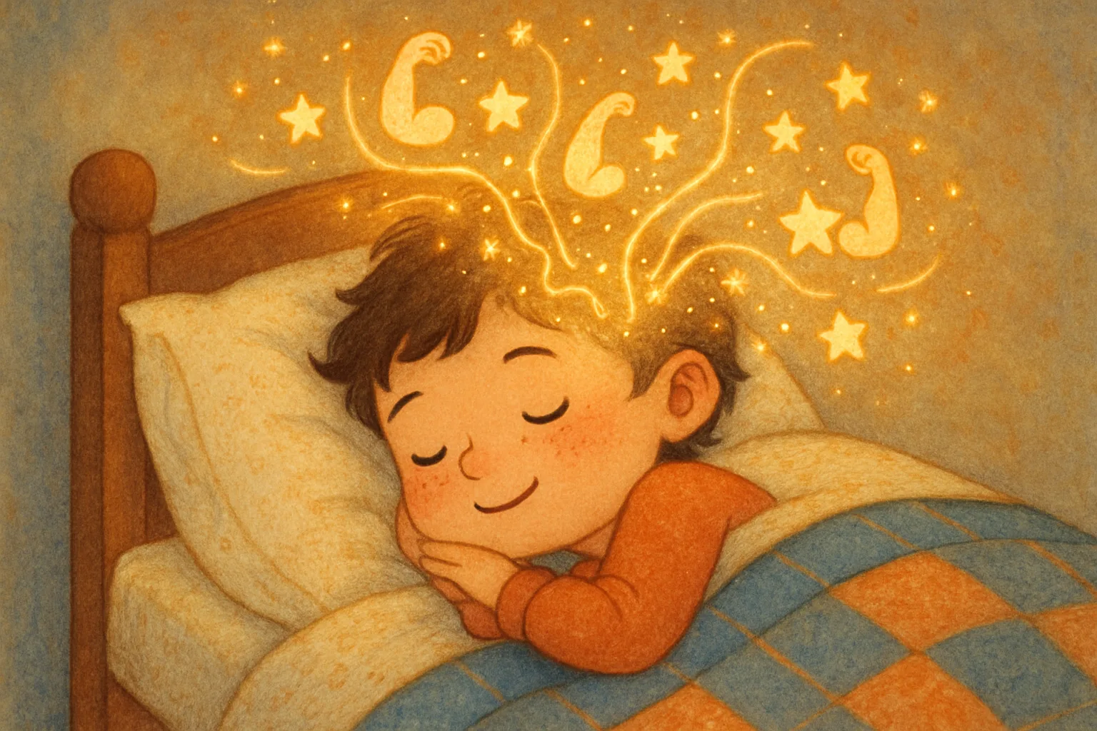 A child sleeping in a cozy bed with glowing sparks from their brain representing growth hormone being released during deep sleep
