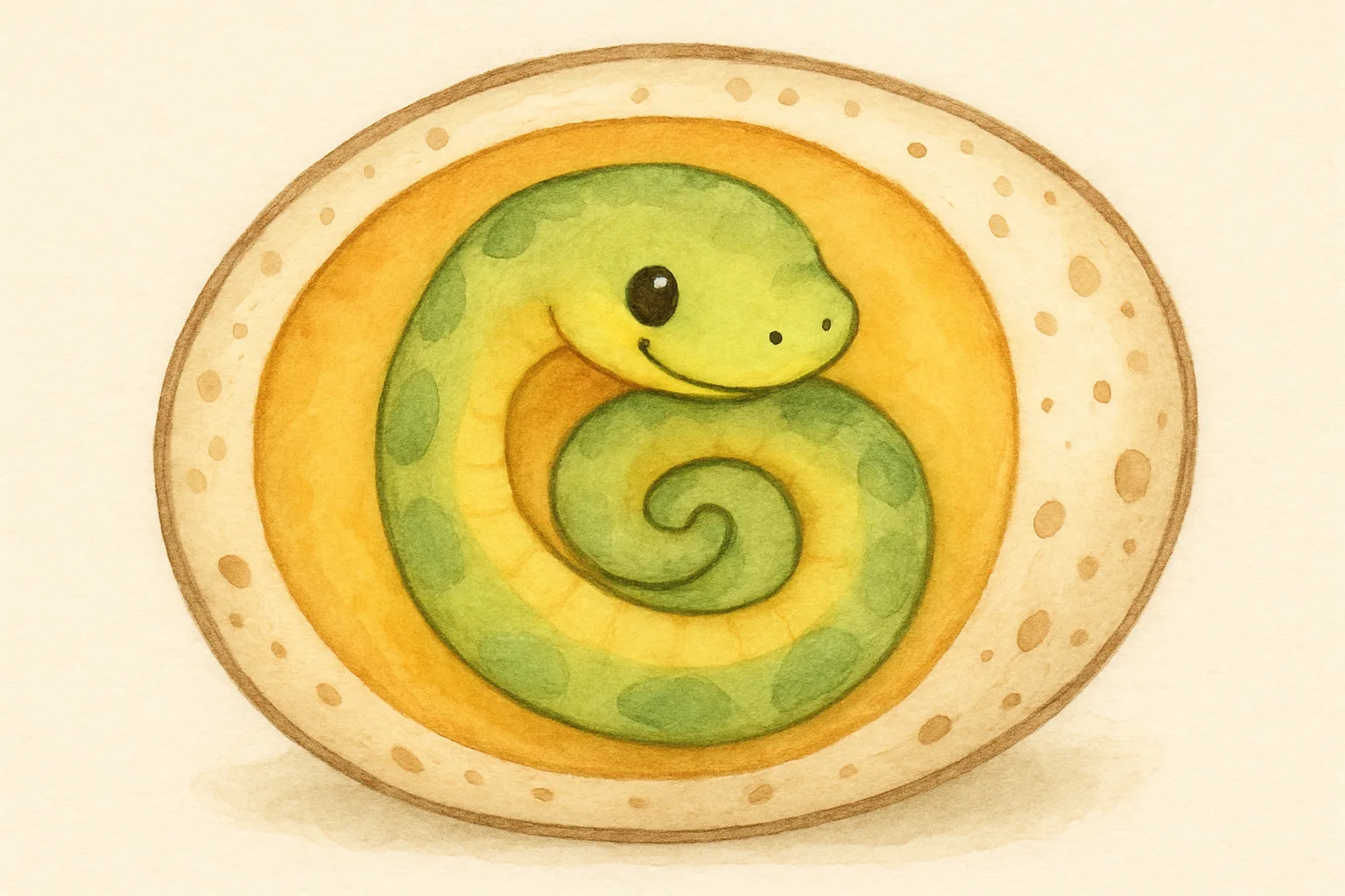 A tiny baby snake curled into a clockwise spiral inside a large egg shown in cross-section