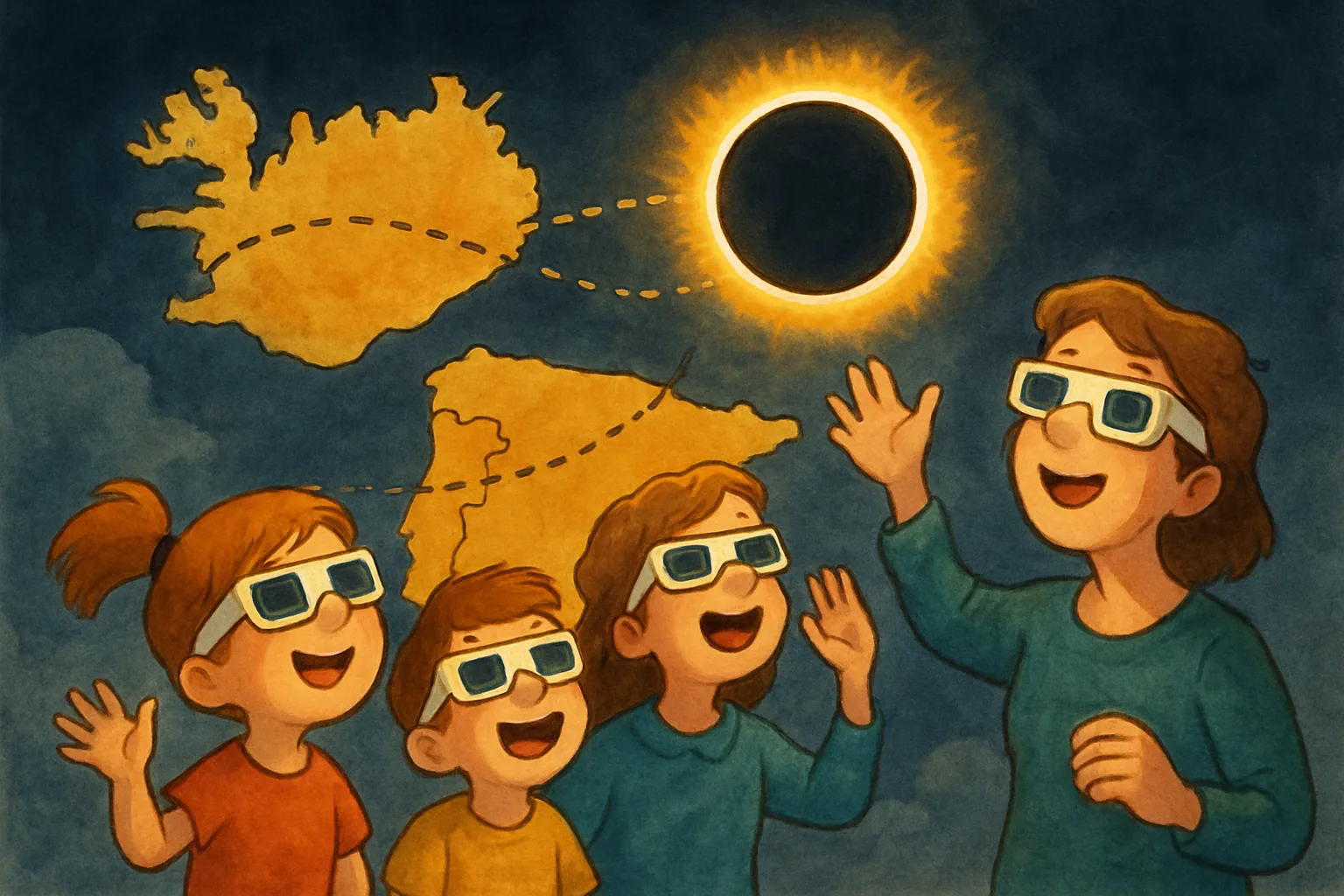 Children wearing solar eclipse glasses look up at a total solar eclipse with a glowing corona visible in a dark sky