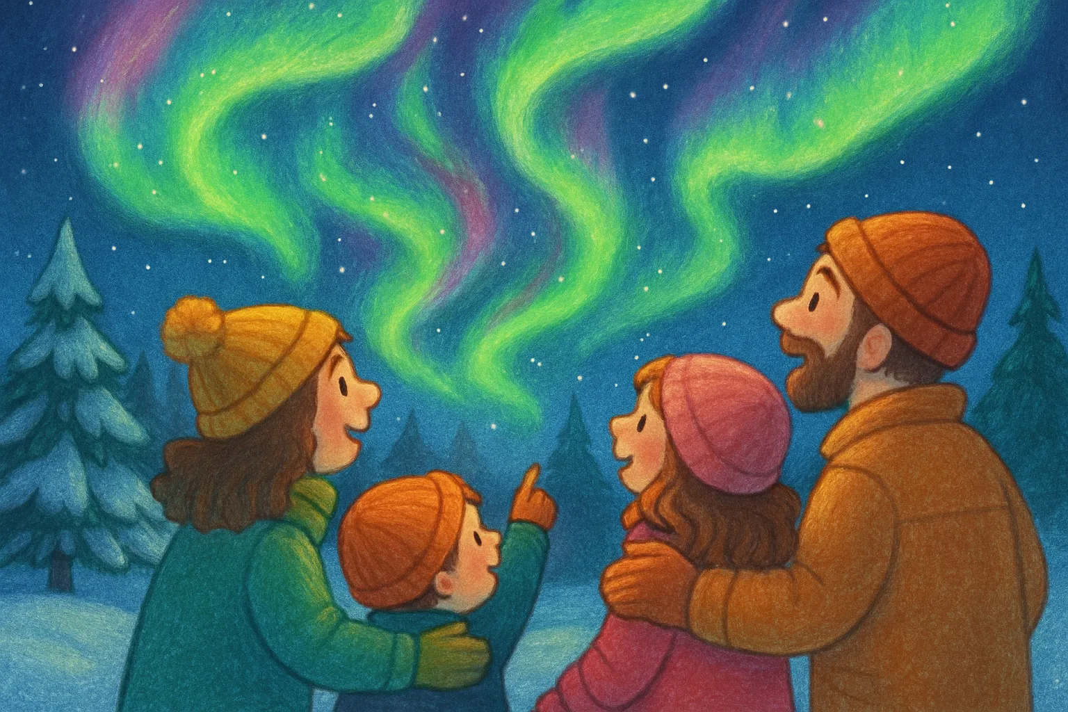 Illustrated aurora borealis glowing green and purple over a dark forest, with a family of four silhouetted below looking up in amazement