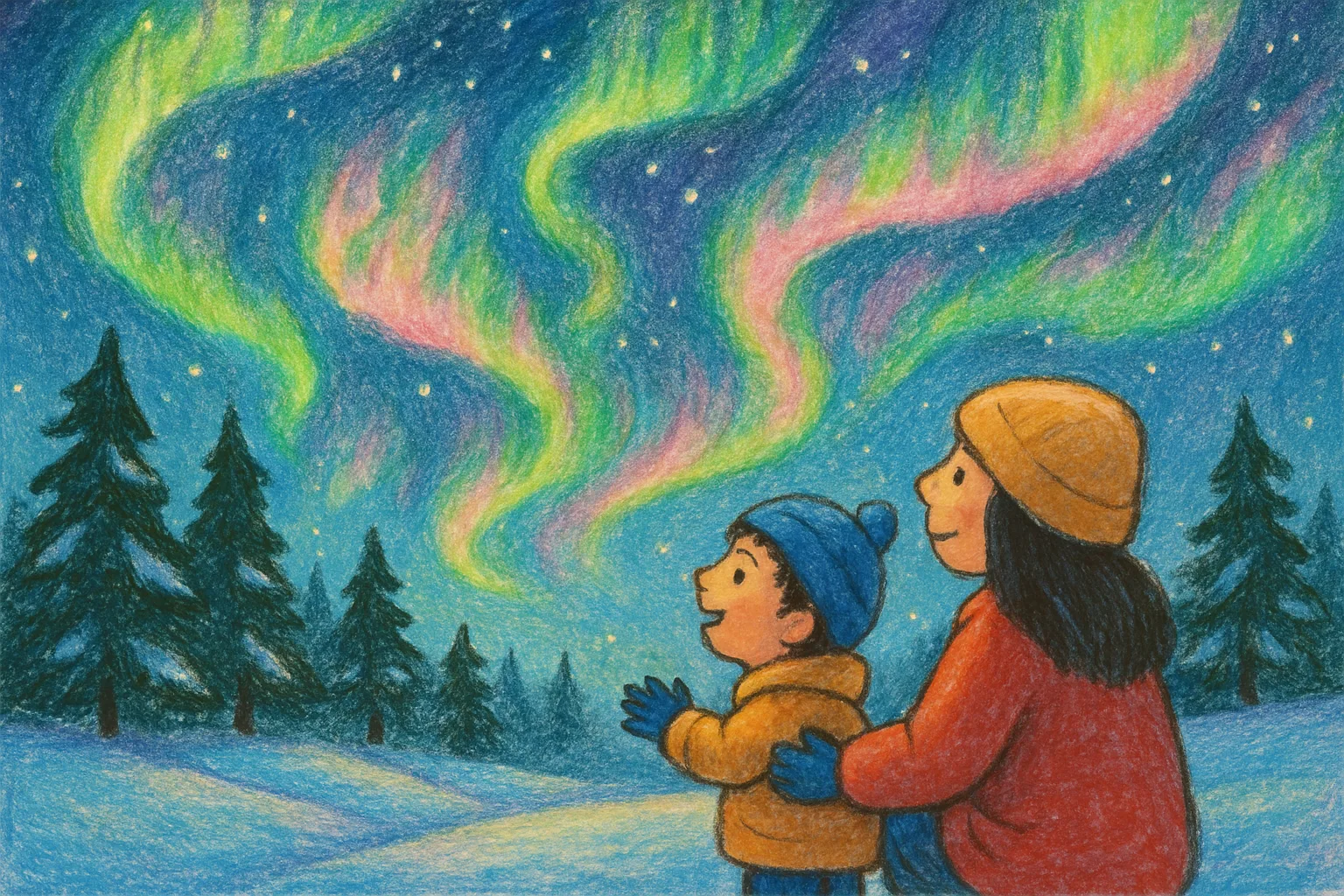 Cartoon of a child and parent gazing up at swirling green and purple Northern Lights over pine trees at night