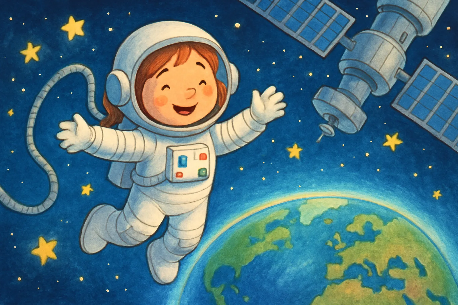 Illustrated female astronaut in a white spacesuit floating outside the International Space Station with Earth visible below