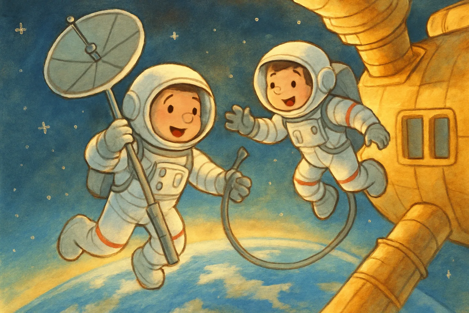 Two astronauts in spacesuits working outside the International Space Station, replacing an antenna with Earth visible below