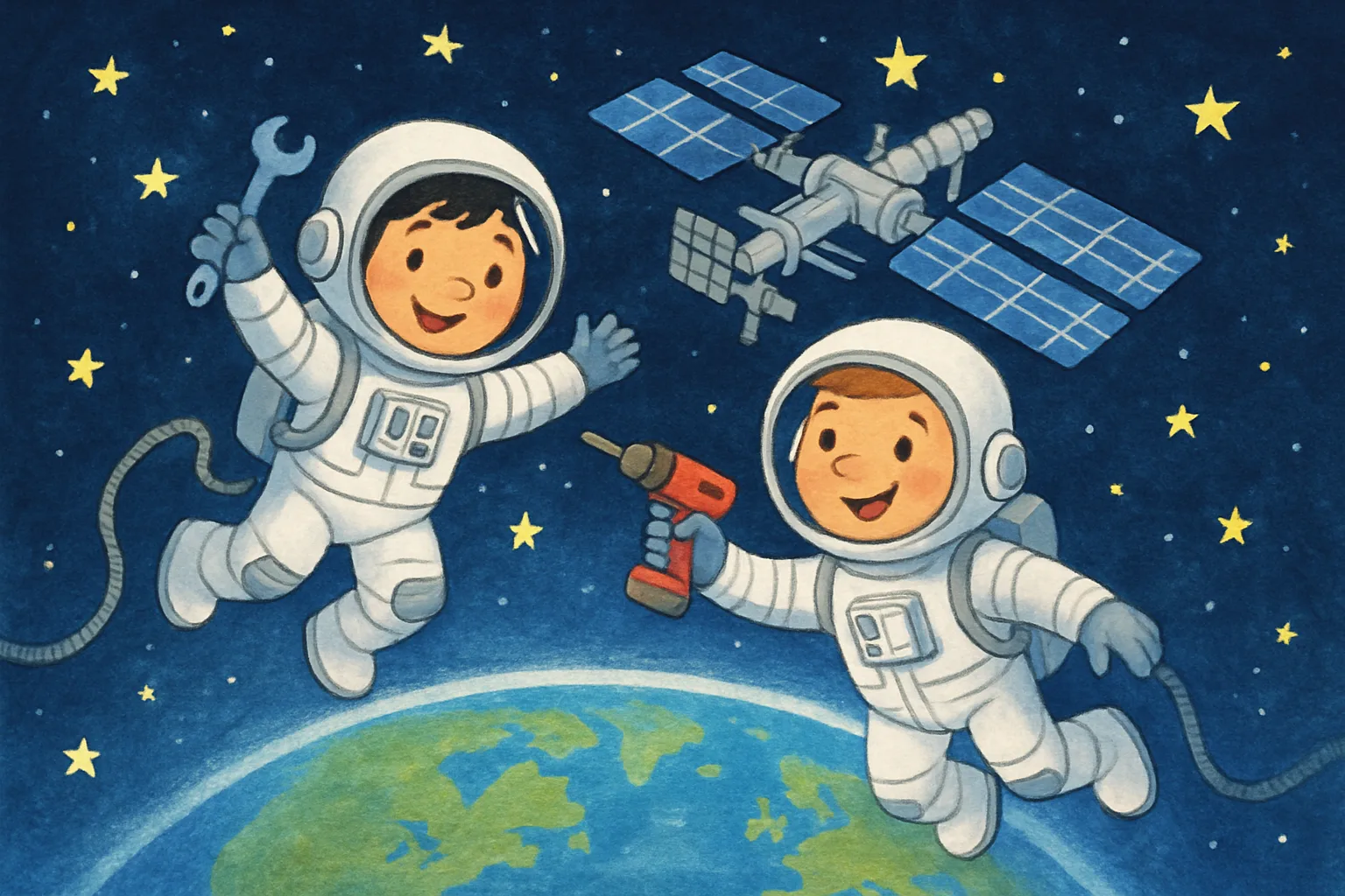 Two astronauts in white spacesuits floating outside the International Space Station with Earth visible below