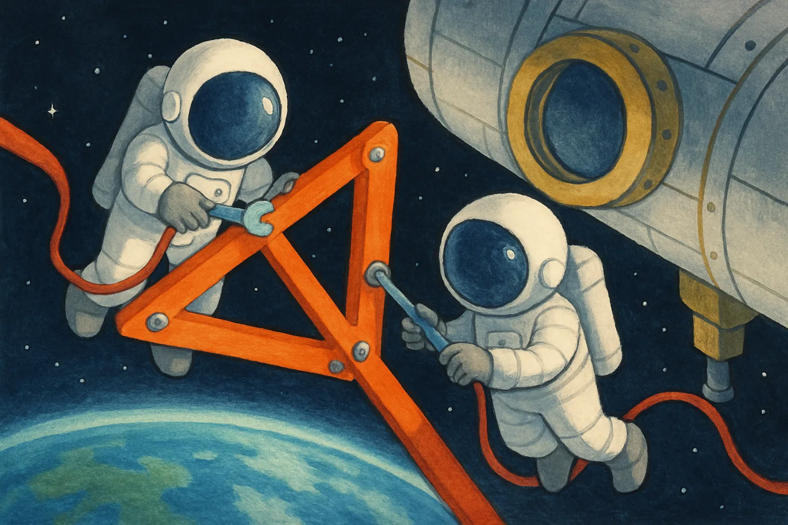 Two NASA astronauts in white spacesuits work outside the International Space Station, installing triangular solar array brackets with Earth visible below