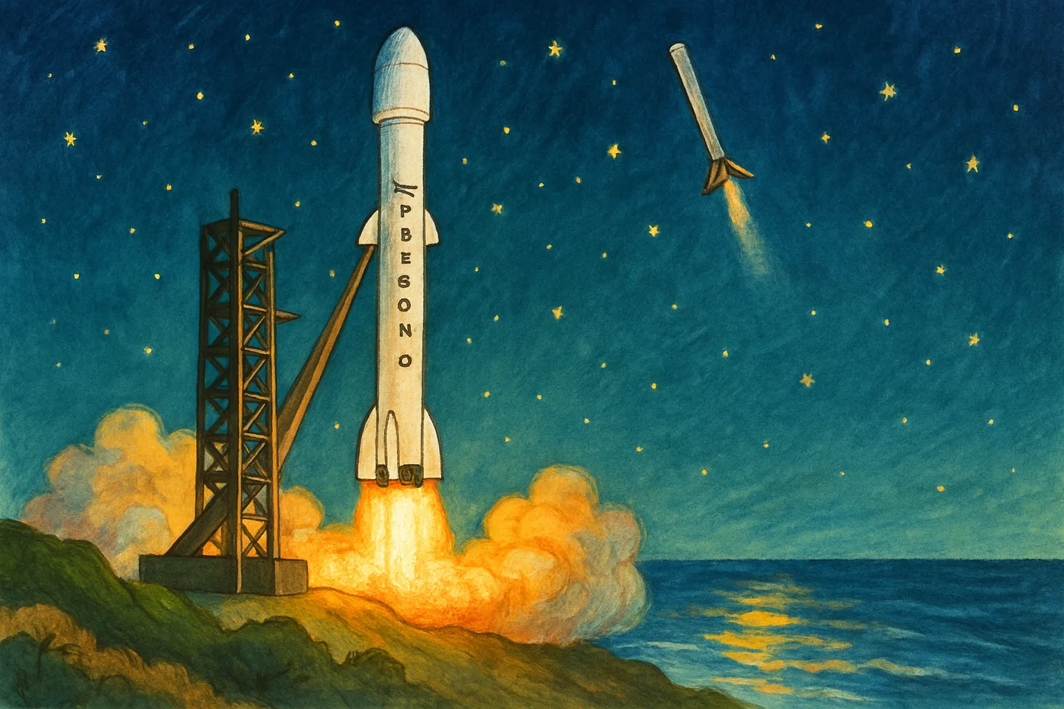 Illustration of a SpaceX Falcon 9 rocket launching at night over the Pacific Ocean