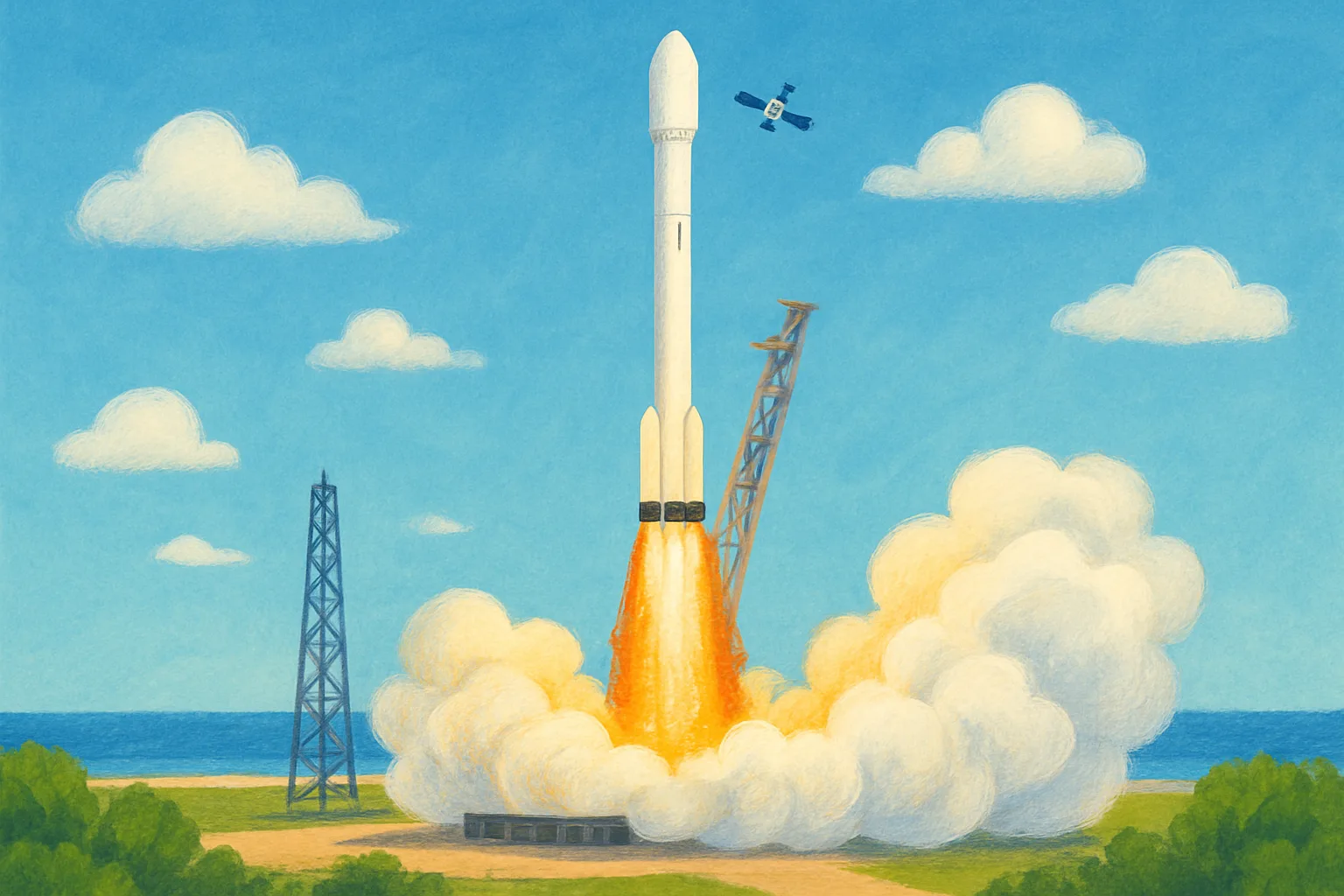 A SpaceX Falcon 9 rocket lifting off from Cape Canaveral with a fiery trail of exhaust