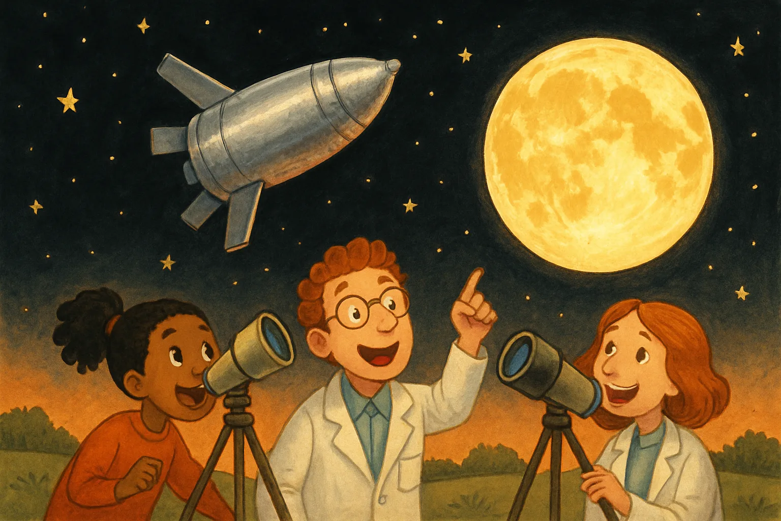 Illustration of a spent rocket tumbling toward the glowing Moon while scientists watch through telescopes on Earth