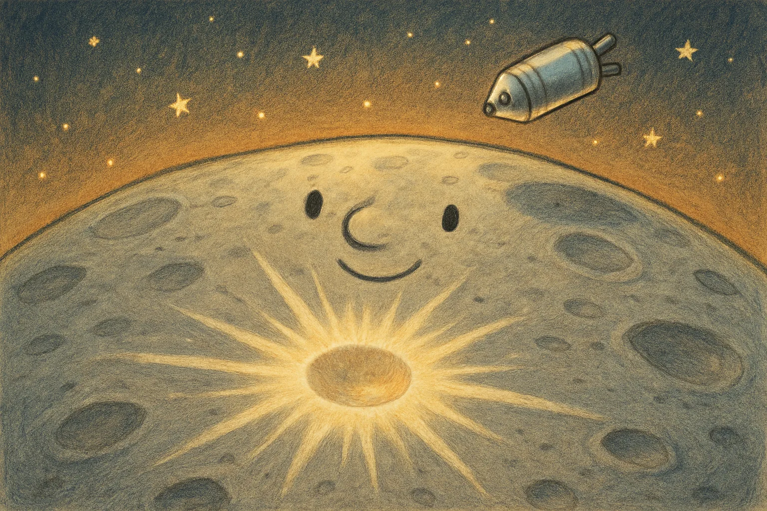 A fresh bright crater on the Moon's dusty grey surface with rays of ejected material spreading outward