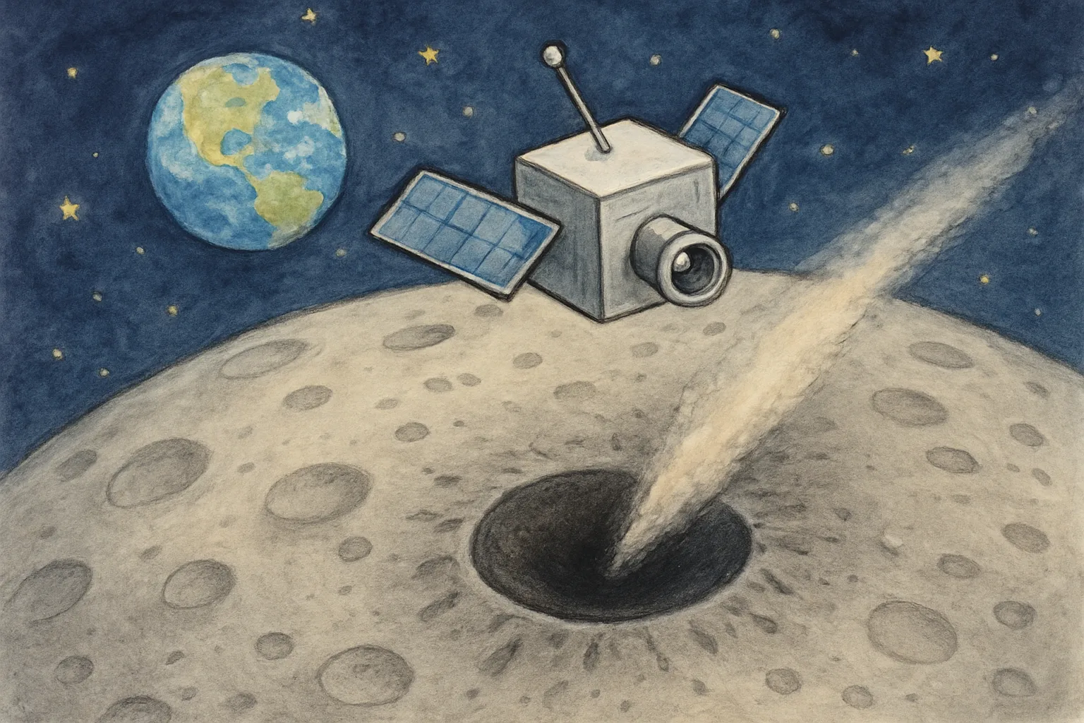 A cartoon satellite orbiting the moon, photographing a fresh dark impact crater on the lunar surface with Earth visible in the distance