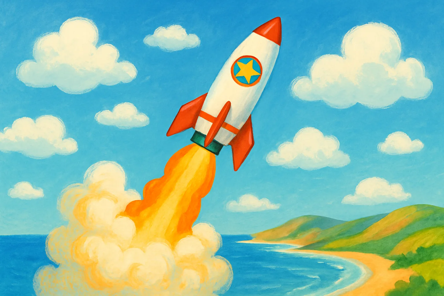 A white rocket with a star badge launching into a bright blue California sky above the ocean coastline