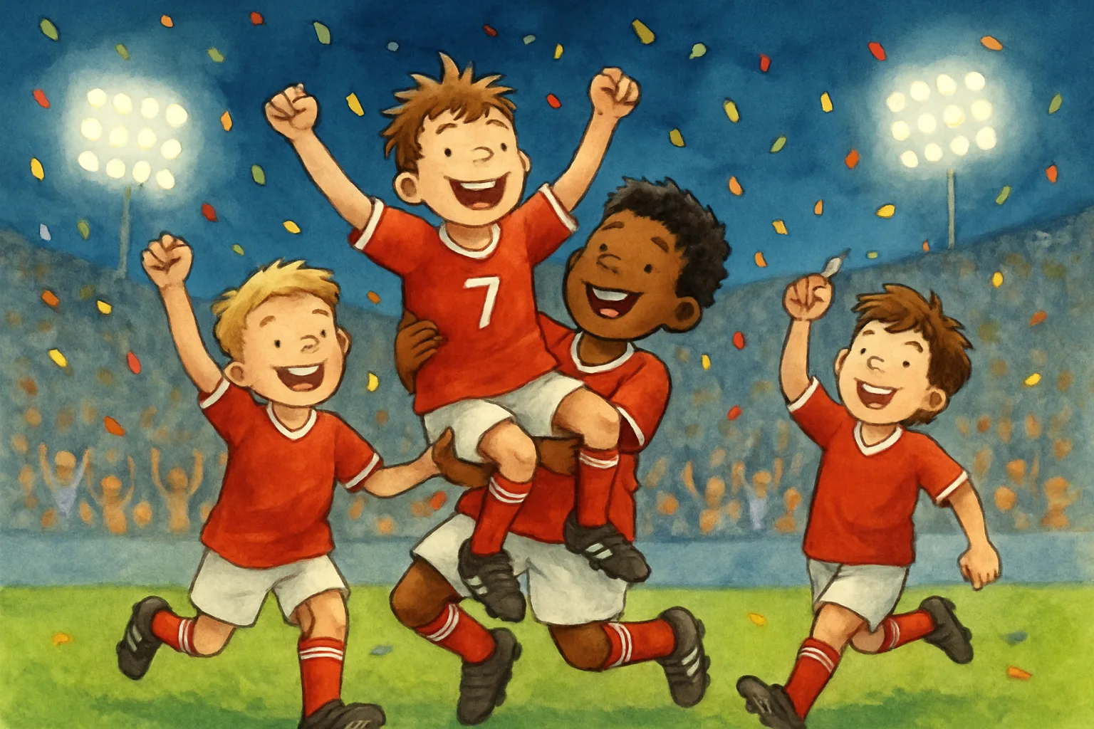 Spain soccer players celebrating a goal in their red jerseys at the World Cup