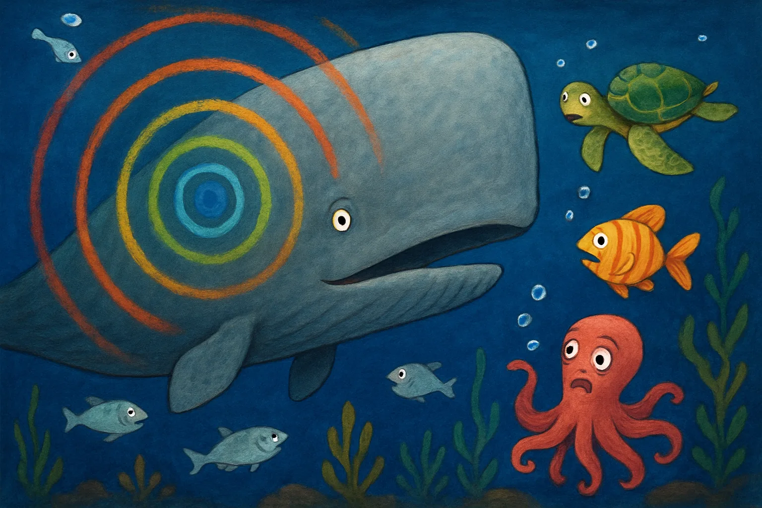 A large male sperm whale deep underwater sending out enormous sound waves that radiate outward in colorful rings