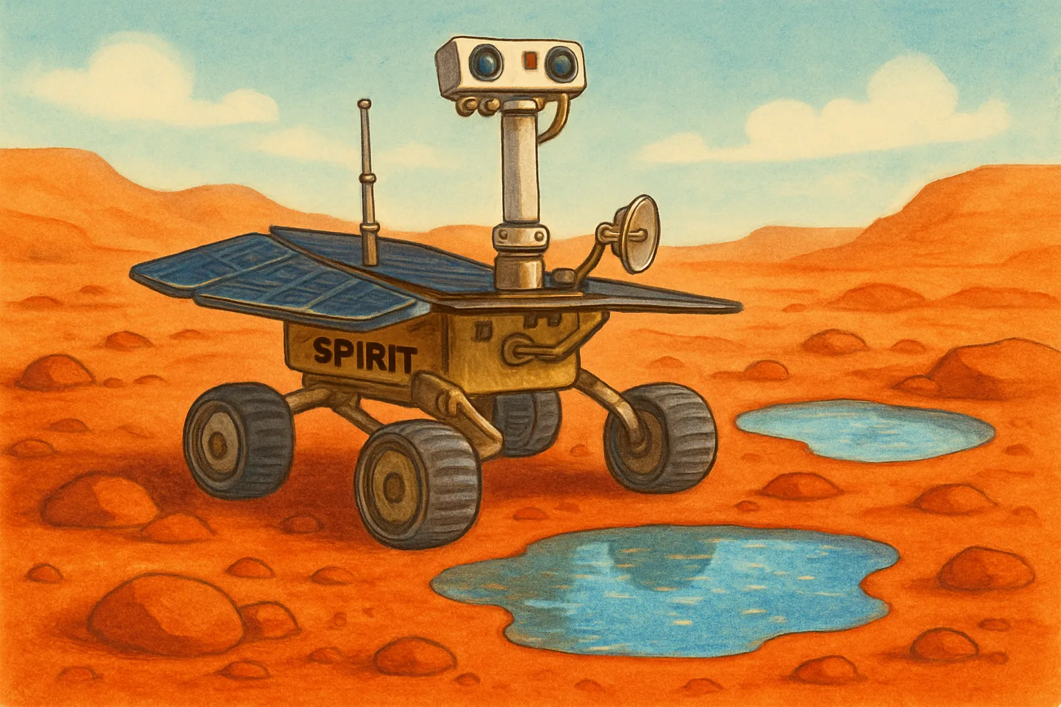 A children's book style illustration of NASA's Spirit rover on the rusty Martian surface, with a glowing aura around iron-rich rocks hinting at ancient water flowing in Mars's distant past