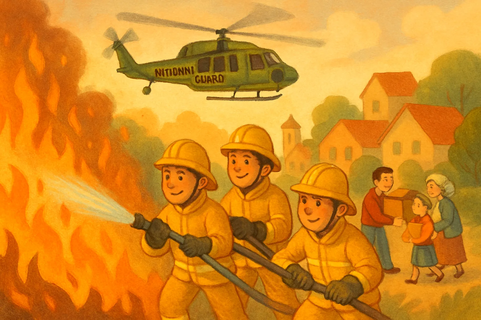 Illustrated firefighters and National Guard members working together to fight wildfires near homes in Washington state