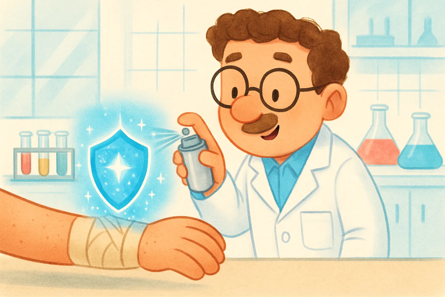 A cartoon scientist spraying a special powder that instantly becomes a blue gel shield over a wound
