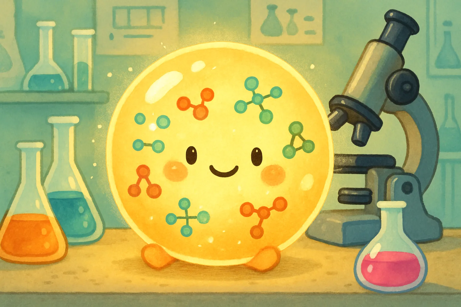A glowing, colorful synthetic cell in a laboratory, surrounded by scientific equipment and molecules