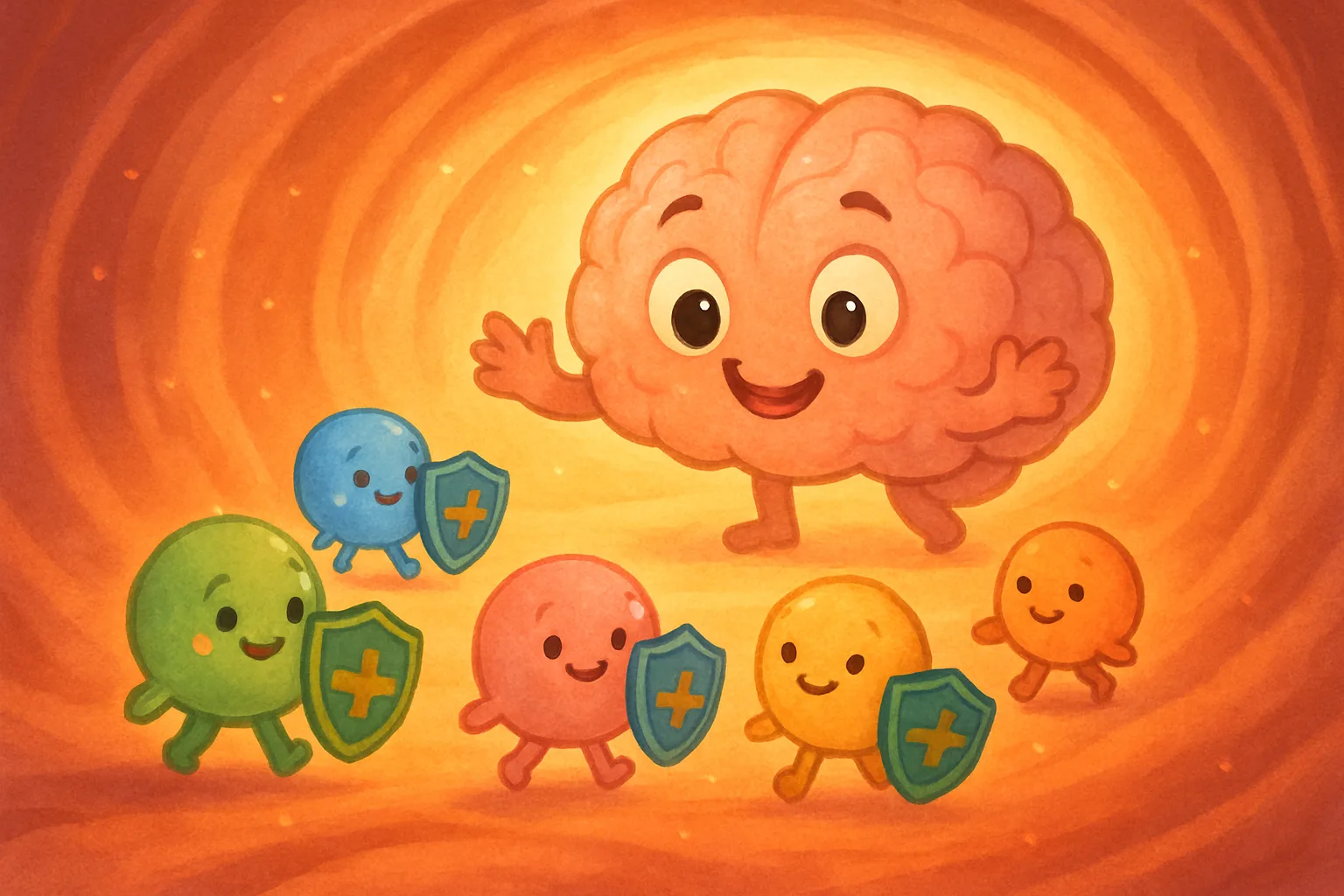 Friendly cartoon immune cells carrying tiny shields traveling through the bloodstream toward a glowing friendly brain